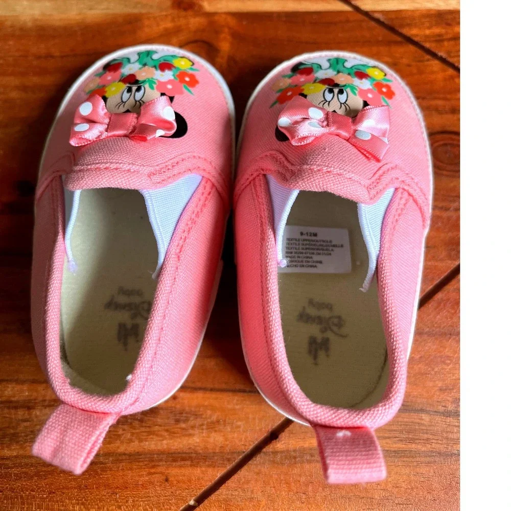 Disney Baby Minnie Mouse Pink Floral Bow Slip On Crib Shoes 9-12M
